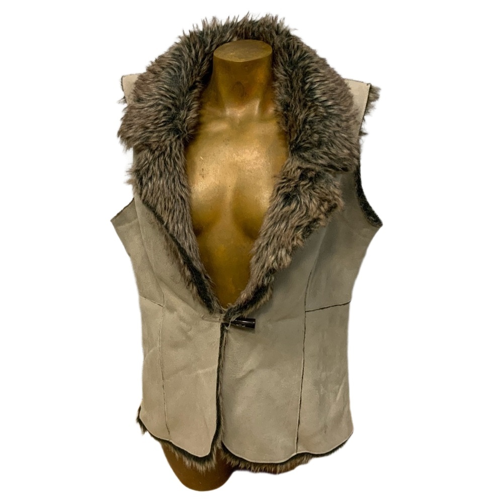 Fever Womens Tan Faux Suede Faux Fur Lined Toggle Vest Large Boho Cozy Layer